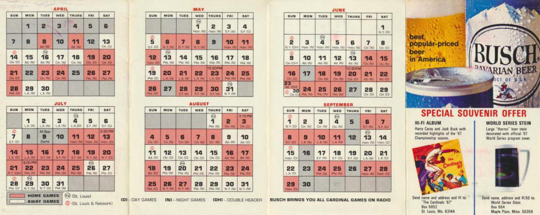 1968 St. Louis Cardinals Pocket Schedule - inside