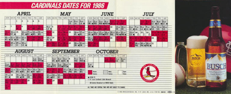 1986 St. Louis Cardinals Pocket Schedule