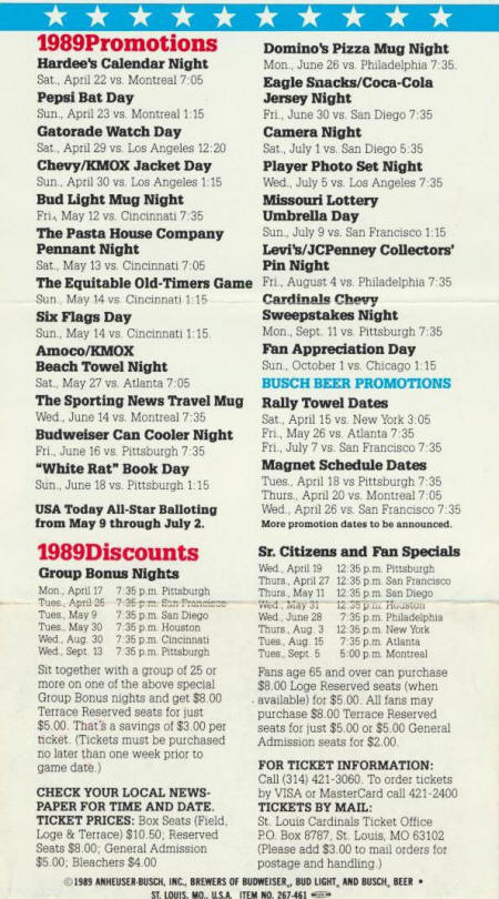 1989 St. Louis Cardinals Promotions and Specials