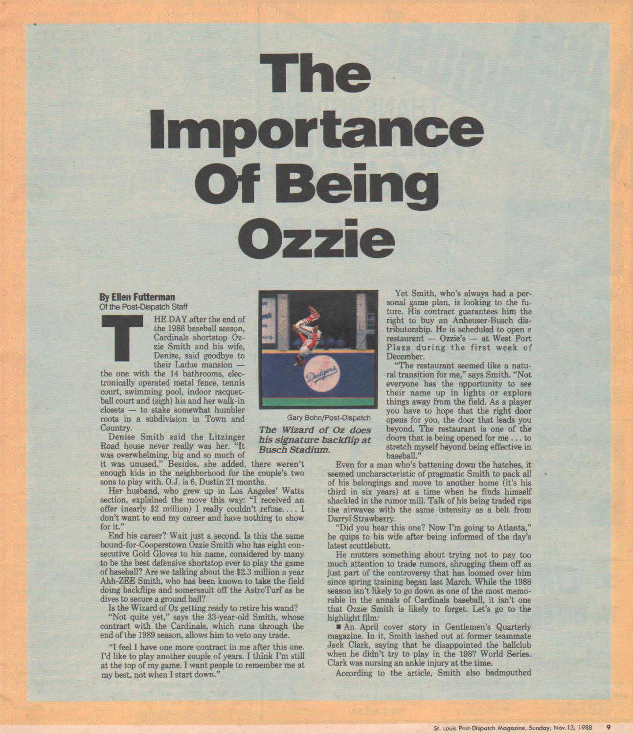 St. Louis Post-Dispatch Magazine - Ozzie Smith - 11/13/88