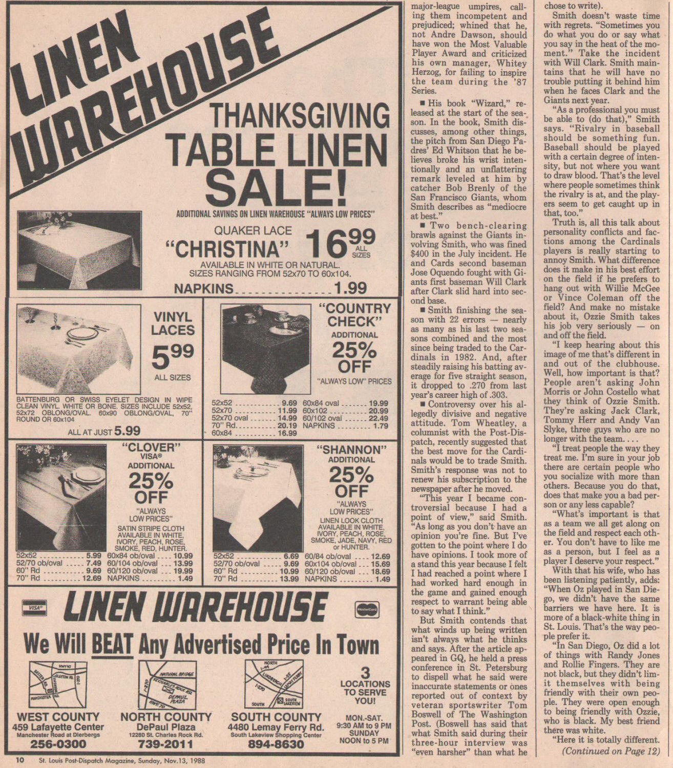 St. Louis Post-Dispatch Magazine - Ozzie Smith - 11/13/88